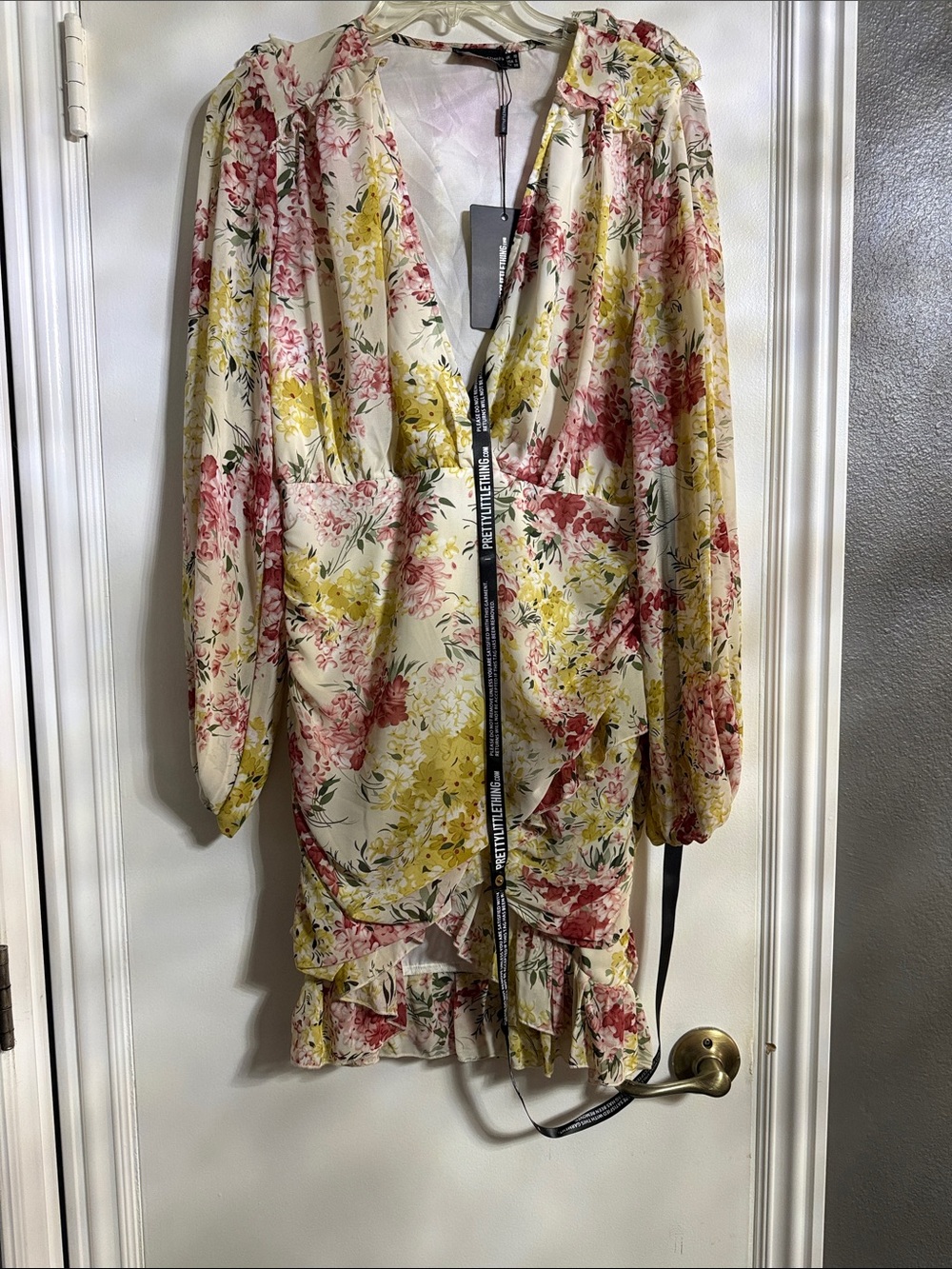 PrettyLittleThing Cream Floral Mini Dress with Yellow & Pink Blooms